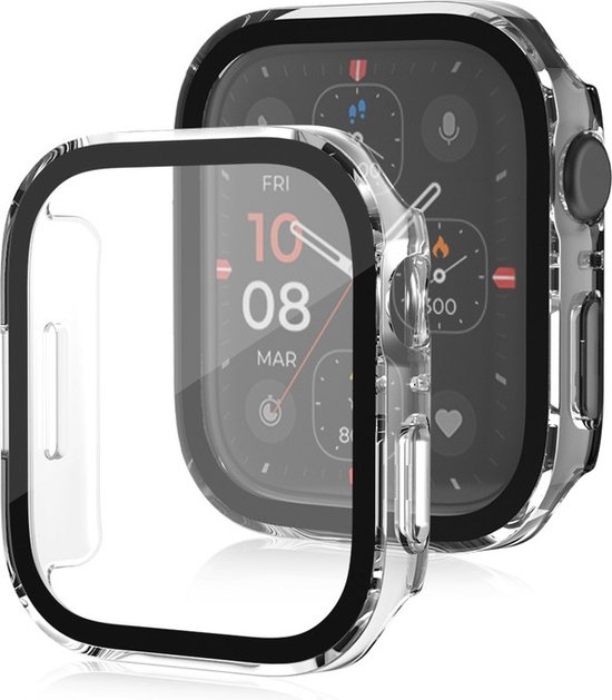 Transparant Apple Watch hoesje met zwarte rand om de watch.