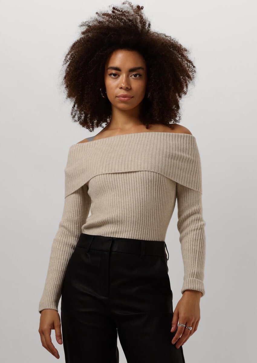Minus Fame Off Shoulder Knit Pullover Truien & vesten Dames - Sweater - Hoodie - Vest- Zand - Maat XL