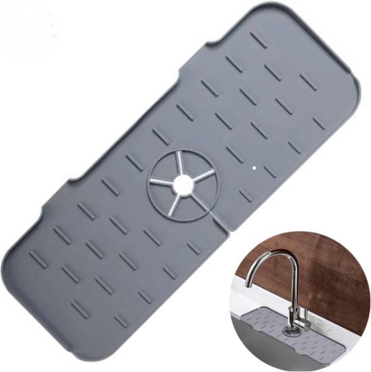 Goedkoopste HSXL - Kraanmat Grijs - Siliconen - 36.5 x 14 cm - Vaatwasbestendig - Streepjes patroon - Afdruipmat voor Kraan / Gootsteen - BPK