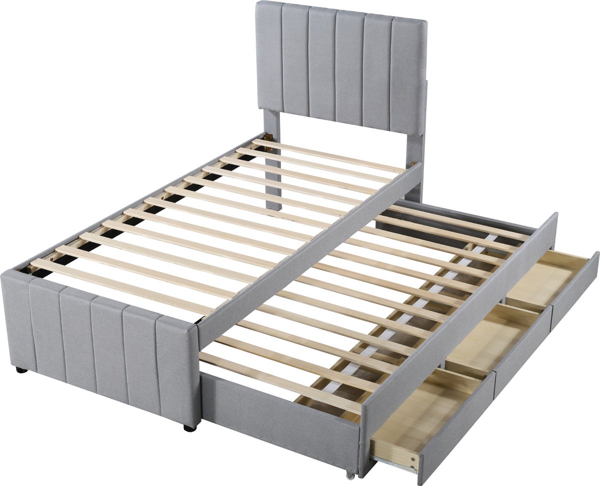Merax Eenpersoonsbed 90x200 cm met Uitschuifbaar Bed 90x190 cm en Opberglades – Grijs