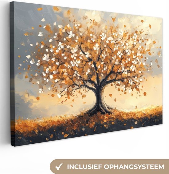 Peinture sur toile 120x80 cm - Décoration murale Automne - Arbre - Oranje - Feuilles - Arbre de vie - Abstrait - Décoration murale murale salon - Décoration chambre - Accessoires de chambre - Peintures