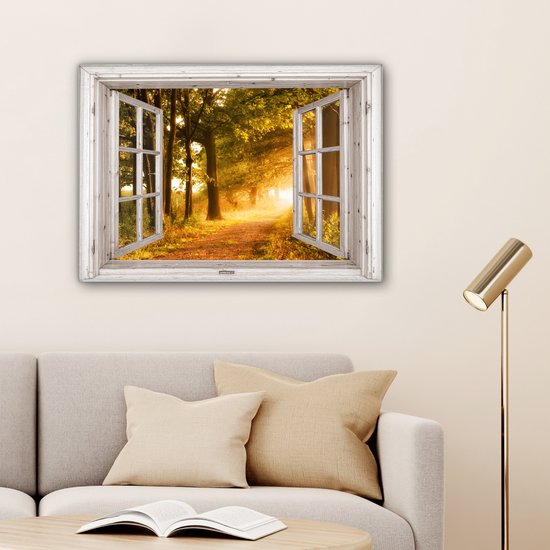 Canvas schilderij 80x60 cm - Wanddecoratie Bos - Bomen - Zonlicht - Herfst - Bospad - Natuur - Doorkijk - Muurdecoratie woonkamer - Slaapkamer decoratie - Kamer accessoires - Schilderijen