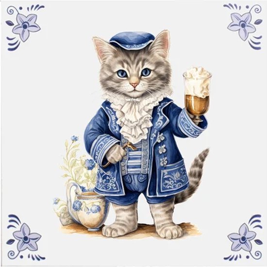 Delfts blauw tegeltje kat design - delfts blauw wandbord - delftsblauw - hollandse cadeautjes - wanddecoratie - decoratieve accessoires