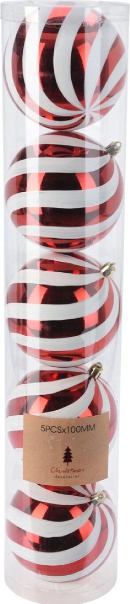 Christmas Decoration Kerstballen - 5x st - 10 cm - rood/wit - kunststof - kerstversiering