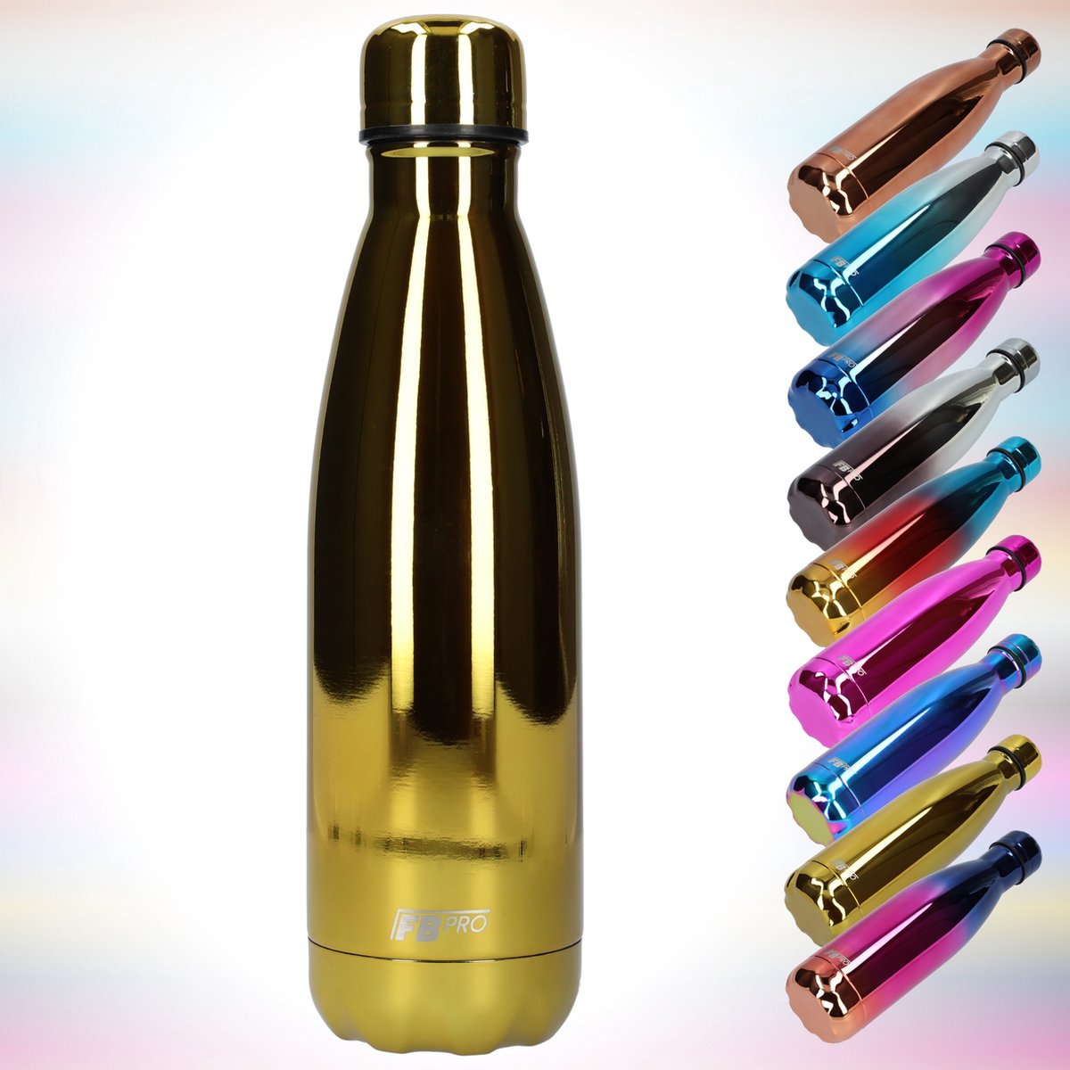 FBFS54, Thermosfles, Drinkfles, Waterfles - Modern & Slank Design - Thermos Fles voor de Warme en Koude Dagen - Dubbelwandig - Robuuste Thermoskan - 500ml - Chrome Gold - Chroom Goud