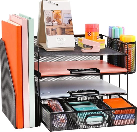 Apritsce Bureau-organizer met papierhouder, 5-traps papieren opbergvakken met lade en penhouder, multifunctionele mesh-bureau-organizer voor kantoor, thuis