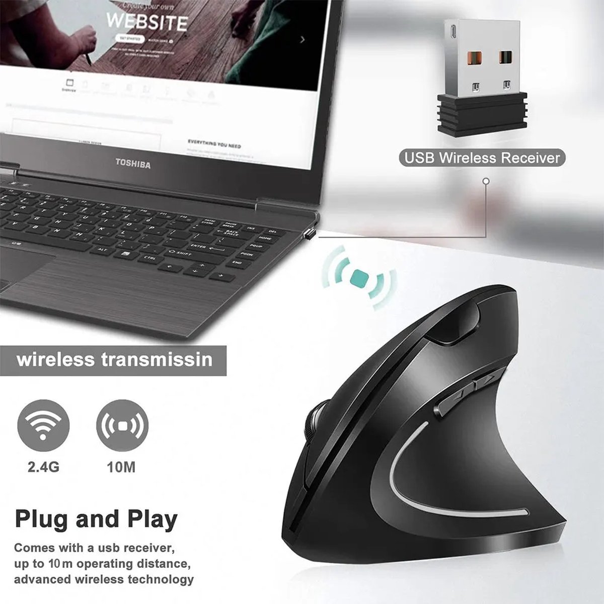 Verticale Ergonomische Muis 2.4GHz - 6 Knoppen, Verstelbare DPI thumbnail 6