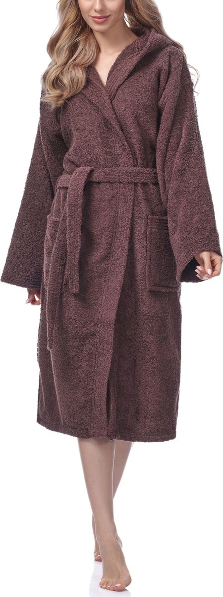 Ladeheid Dames Badjas met Capuchon - 100% Katoen - Wasmachine bestendig - Badstof – Bruin – S – LA-LA40-102-DG