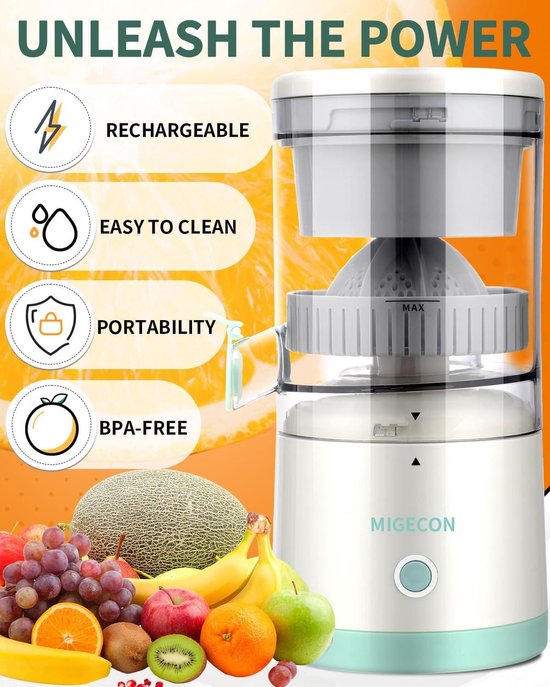 Elektrische sapcentrifuge citruspers - USB oplaadbaar draagbaar - druppelfunctie - sinaasappel citroen grapefruit - reinigingsborstel - wit — afbeelding 5