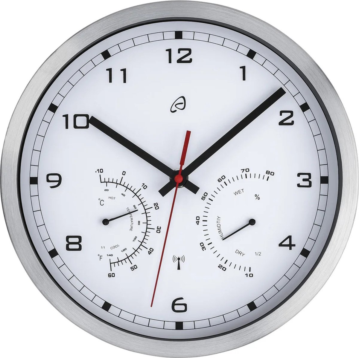 AURIOL® Radiogestuurde Wandklok Wit - Thermometer en Hygrometer - Witte Klok van Geborsteld aluminium
