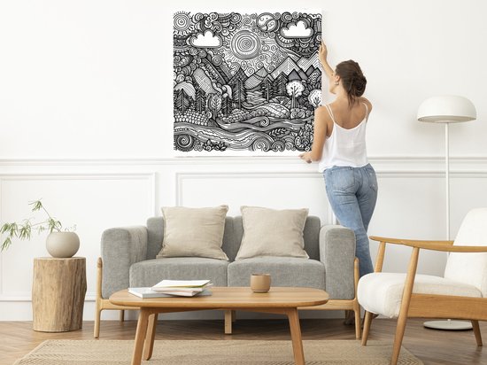 Doodle landschap schilderij | Magisch landschap getekend met de levendige lijnen van dromen | Kunst - 75x75 centimeter op Forex | Foto op Forex