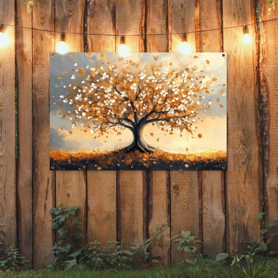 Tuinposter 120x80 cm - Tuindecoratie Herfst - Boom - Oranje - Bladeren - Levensboom - Abstract - Poster voor in de tuin - Buiten decoratie - Schutting tuinschilderij - Tuindoek muurdecoratie - Wanddecoratie balkondoek