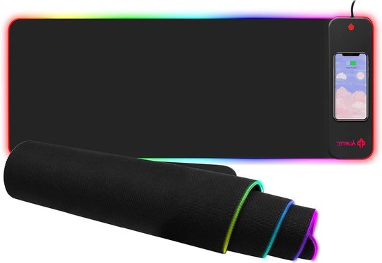 KDD Muismat met opvouwbare telefoonhouder - draadloos opladen bureaumat 15 W snel - RGB gaming muismat met ultraglad oppervlak, antislip basis - toetsenbordmat voor thuiskantoor gamer