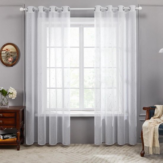 Rideaux en Voile Prêts à Lacets Rideaux de Porte à Oeillets de 245 cm de Haut - Rideaux de Fenêtre Transparents Rideaux Décoratifs pour Chambre Kids - 140 x 245 cm LxH Line Pointillée Set de 2 - Rideau de Porte White