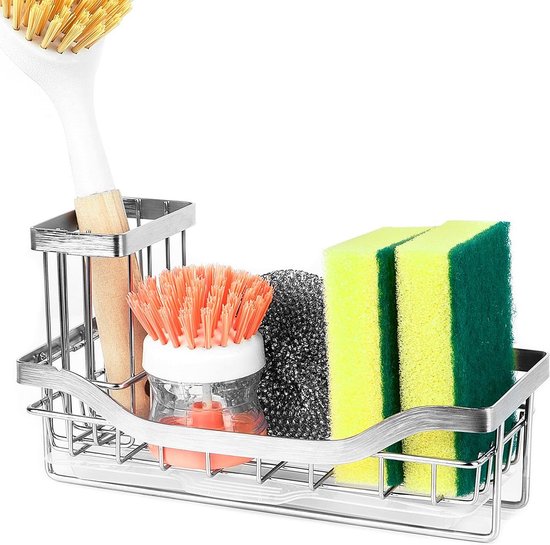 JOUING Spoelbak Caddy Keuken Spoel Organiser Roestvrij Staal Spons Houder met Draaibare Afvoer Spoelbak Opgeruimd met Handdoekrek, Borstelrek (Zwart