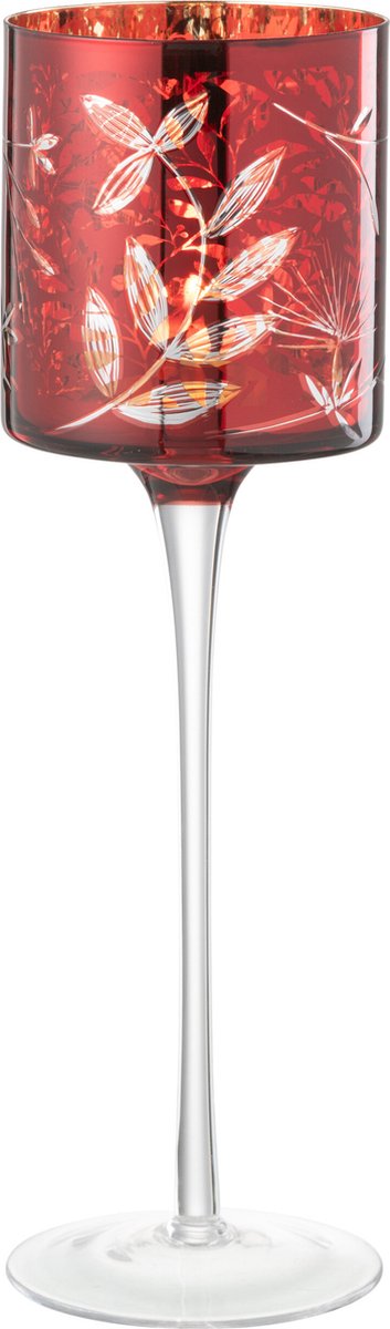 J-Line theelichthouder Op Voet Blaadjes - glas - rood/goud - large