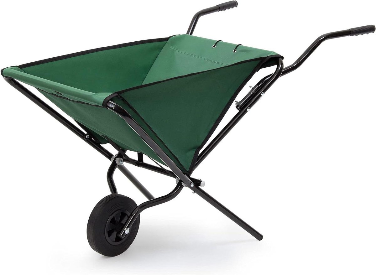 Opvouwbare kruiwagen van stevig staal 56 liter HBD 66 x 64 x 112 cm 1 wiel 30 kg draagvermogen groen