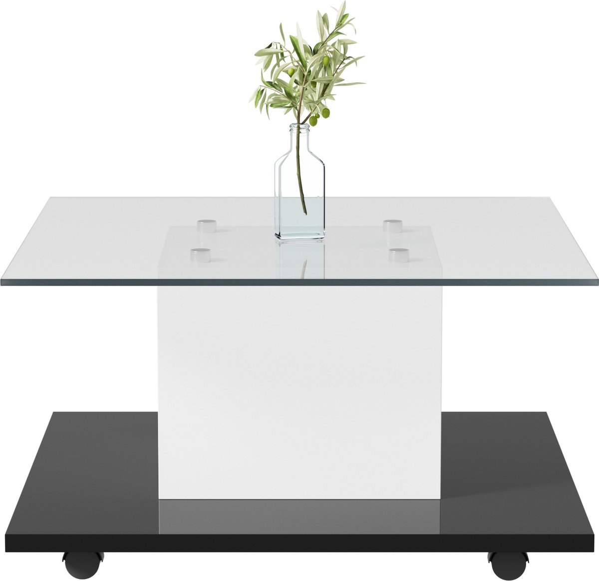 Merax Salontafel 80x80x40 cm – Hoogglans Glazen Tafel met LED-Verlichting – Verrijdbare Tafel met Zwenkwielen en Rem – Zwart met Wit Design