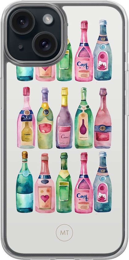 Coque iPhone transparente avec illustration aquarelle de bouteilles d'alcool, tons rose, vert, jaune et bleu. Logo 'MT'.