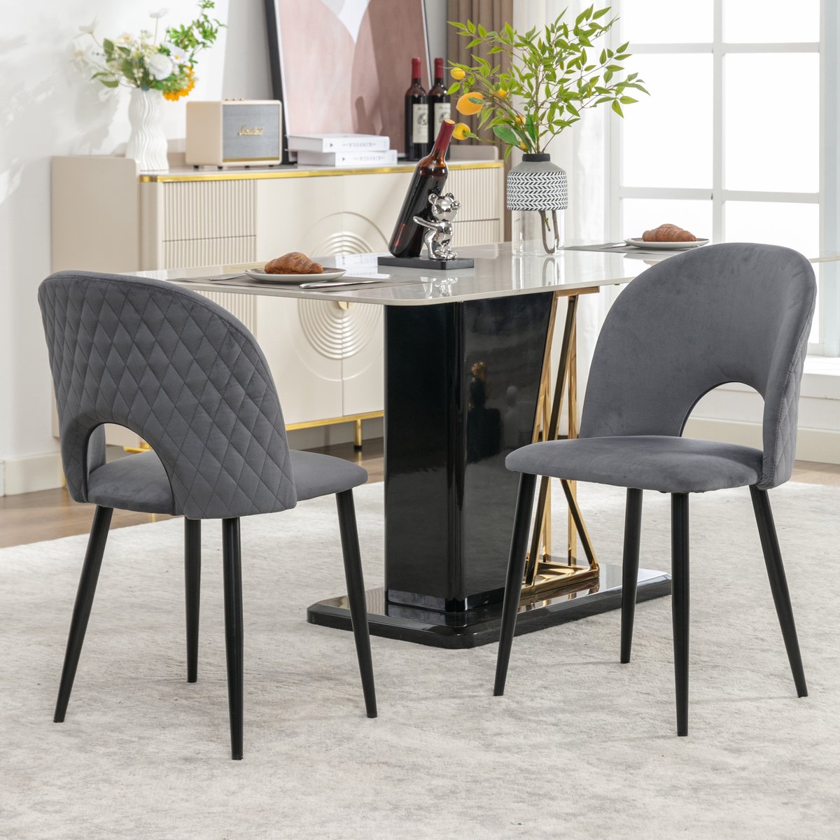 Gutent Eetkamerstoelen (2 stuks), Grijs, Gestoffeerd Ontwerp met rugleuning, Fluwelen zitting, Metalen frame, verstelbare poten, ruitpatroon op de rugleuning