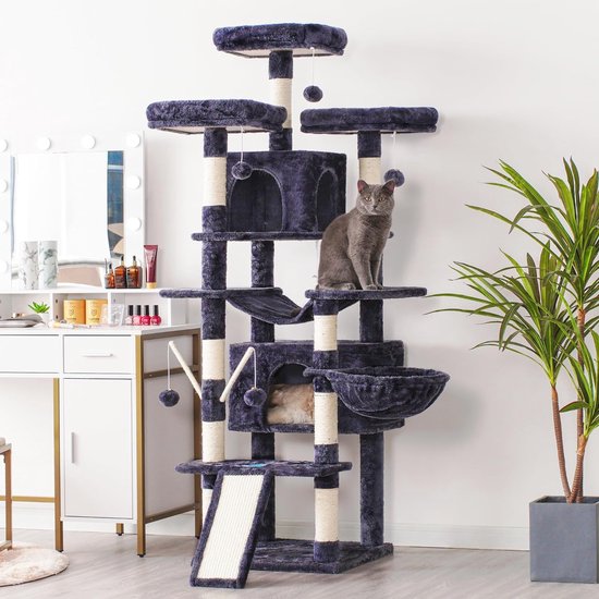 PAWZ Road [Made in EU] Krabpaal voor grote katten, stabiel, met meerdere niveaus, hangmat, 13 sisalpalen (11 cm), grote zitstang, holletjes, manden, krabpaal XXL, 169 cm, zwart