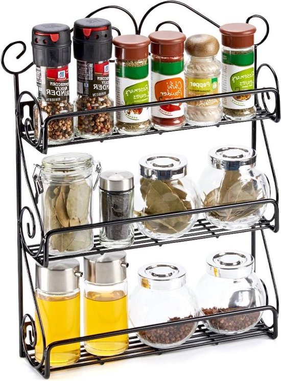 Étagère à épices 3 niveaux en métal, ensemble d'organisateurs de cuisine, support de rangement pour shaker à épices et pots à épices, étagère à épices noire pouvant être suspendue