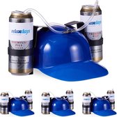 Relaxdays 4x drinkhelm voor 2 blikjes - blauwe helm - bierhelm - helm met slang - zuiphelm
