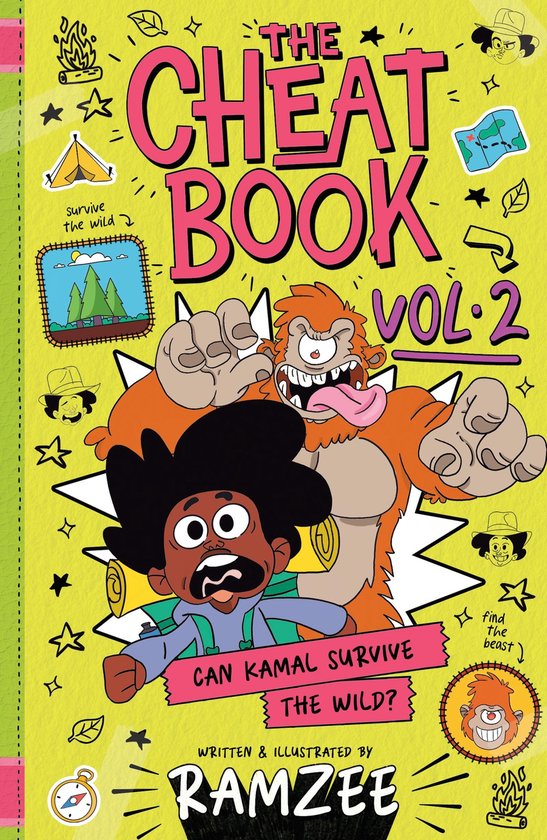 De cover van "The Cheat Book Vol. 2" toont een jongen met een geschrokken gezicht naast een grote, boze aap. De tekst zegt "Can Kamal Survive The Wild?".