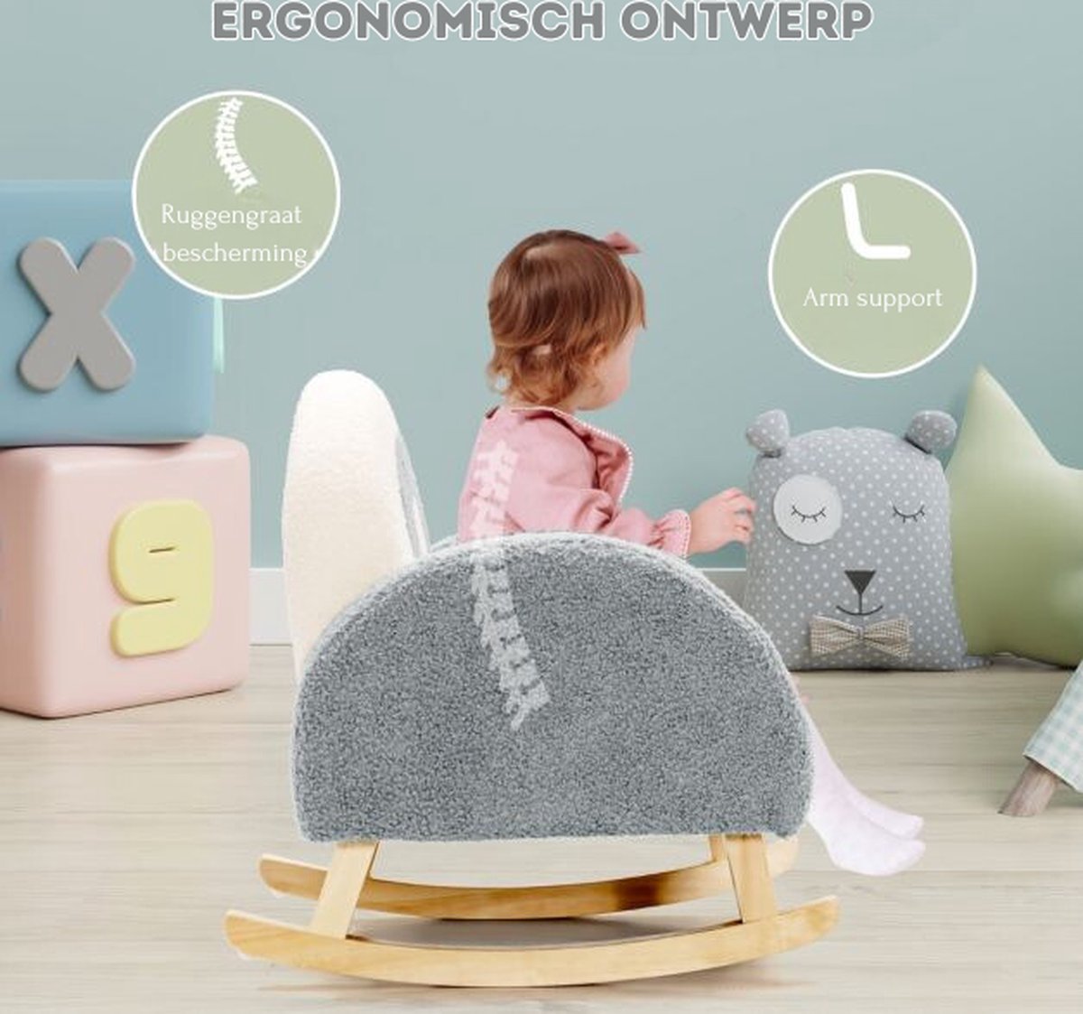 Trendmix Kinderschommelstoel Teddy Grijs – Schommelstoel Kind 3-5 Jaar – Ergonomisch & Zacht – Houten Onderstel – 50,8 × 49,5 × 50,8 cm — afbeelding 10
