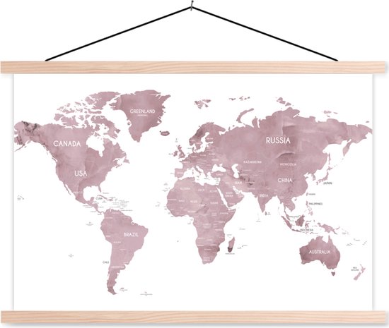 Affiche scolaire - Affiche textile - Wereldkaart - Violet - Wit - 90x60 cm - Affiche textile