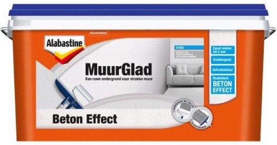 Oranje emmer Alabastine MuurGlad Beton Effect verf. Deksel is blauw.