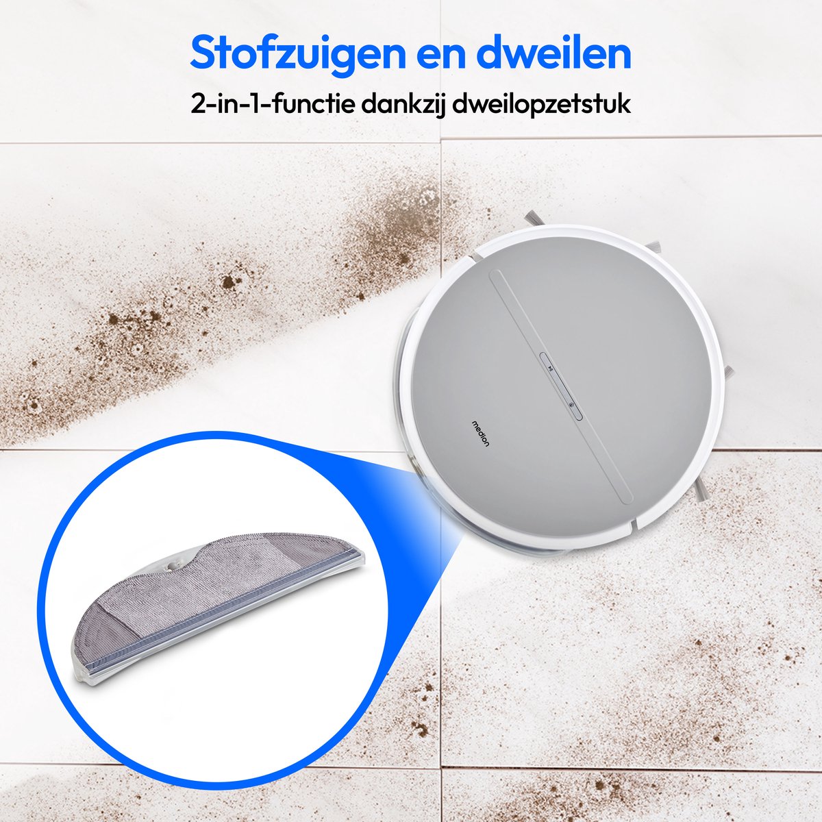 Afbeelding 2 van MEDION robotstofzuiger met dweilfunctie en systematische navigatie E35 SW (2000Pa zuigkracht, gyro-navigatie in systematische S-lijnen, 2 zijborstels en wandsensor)