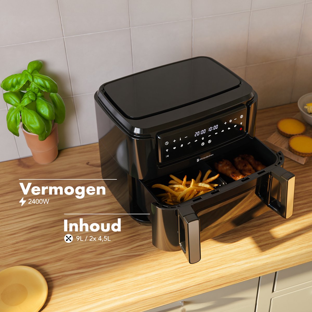 KitchenBrothers Dubbele Airfryer - PFAS-Vrij - 2400W - Dual Zone - 9L - Snackverdeler - Heteluchtfriteuse - Airfryer XXL - 10 Kookprogramma's - Zwart — afbeelding 4