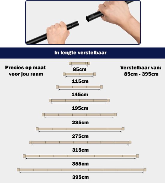 In lengte verstelbaar: Illustratie van uitschuifbare gordijnroede met verschillende lengtes van 85cm tot 395cm.