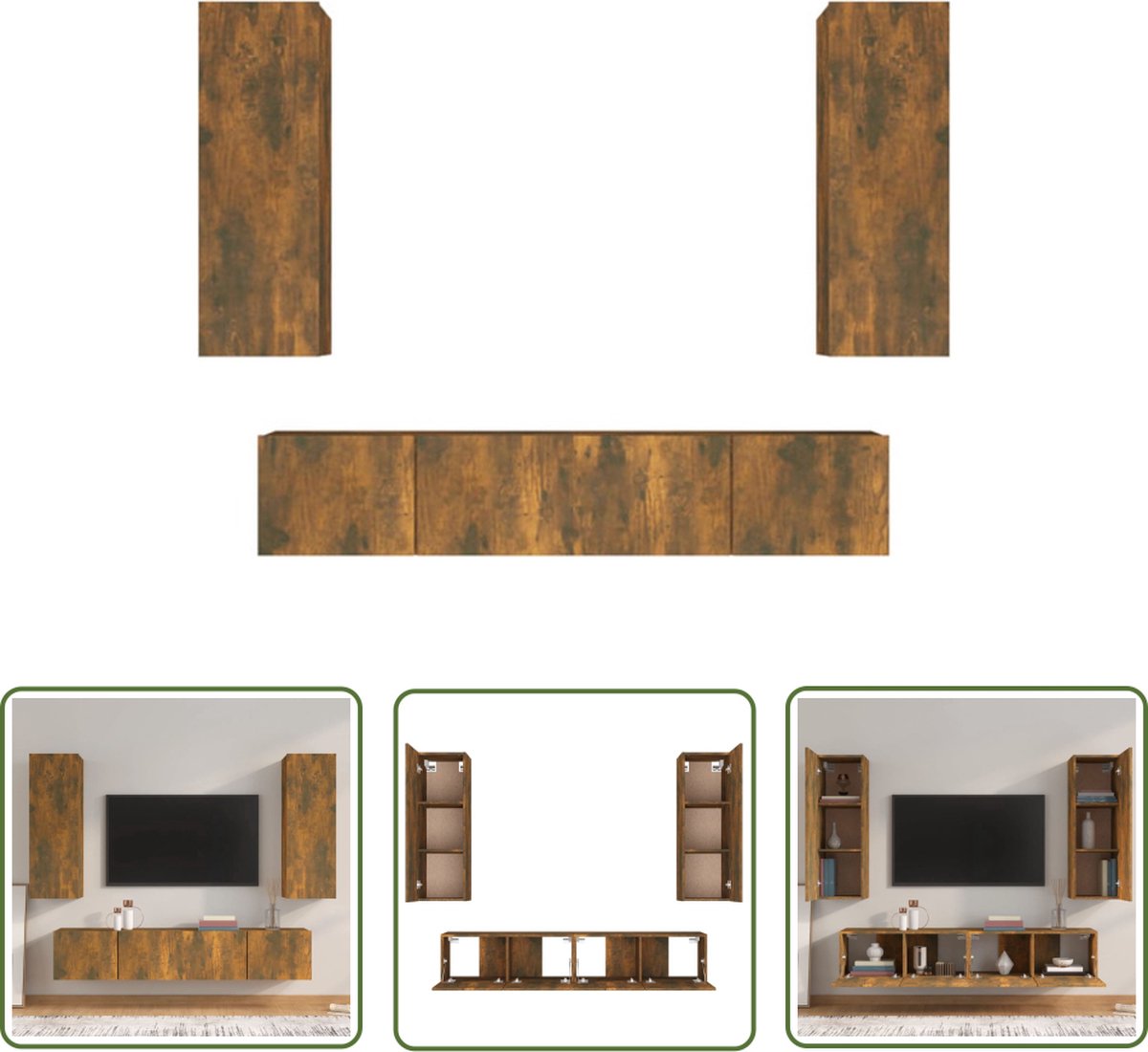 vidaXL Houten Tv Kast - Tv Kast - 4-delige Tv-meubelset bewerkt hout gerookt eikenkleurig - Tv Meubel - Salontafel - Wandmontage