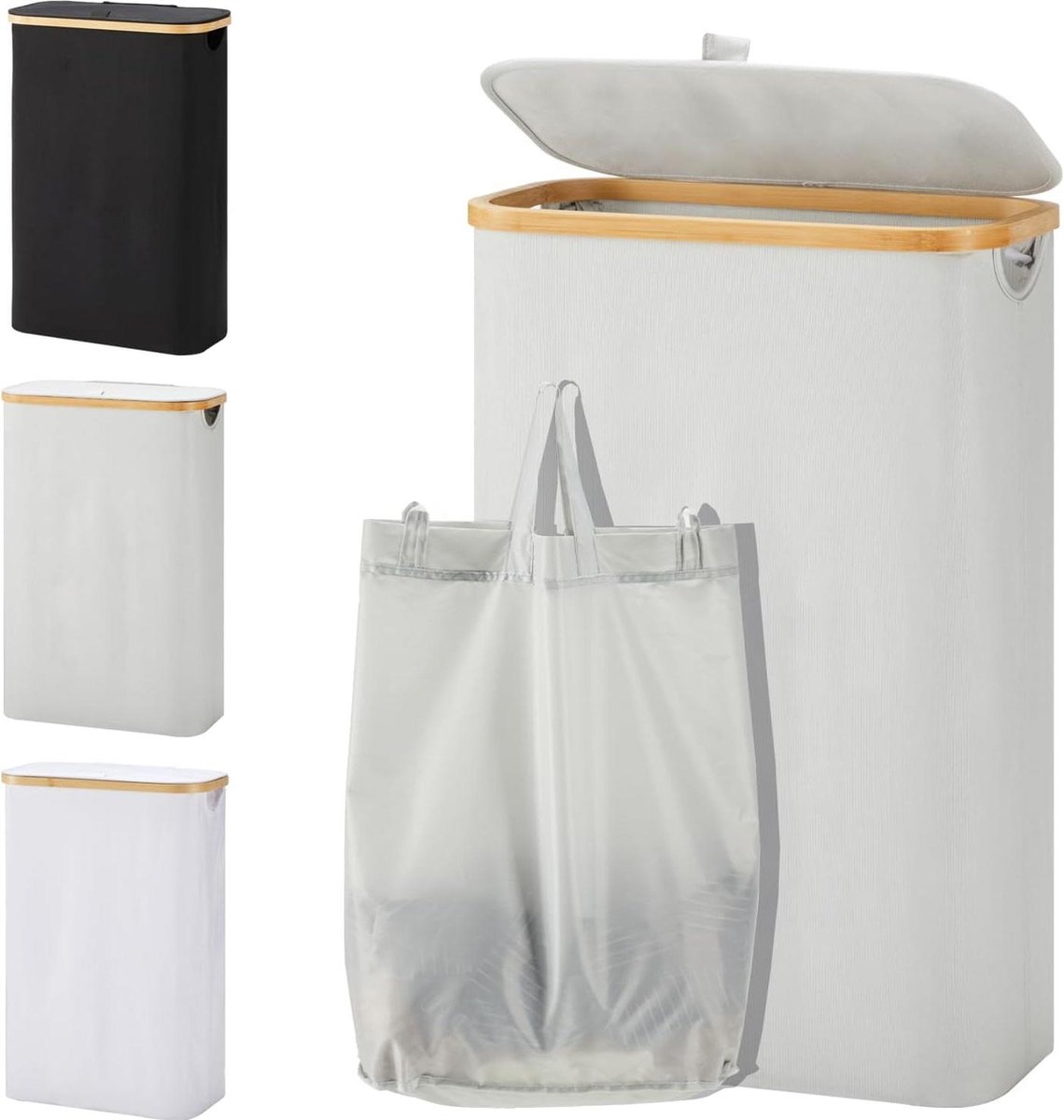 Goedkoopste Wasmand 48 liter met deksel - wasverzamelaar - opvouwbaar - hout bamboe - grijs