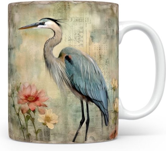 Tasse avec grand héron, tasse à café ou sachet de thé, cadeau pour les amoureux des animaux, mère, père, collègue, petit ami, petite amie, bureau