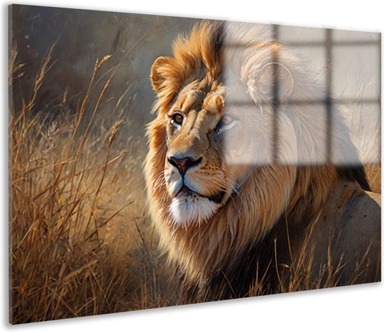Schilderij op glas van een leeuw in hoog gras.