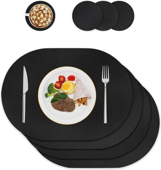 Myir JUN Lederen tafelmatten en onderzetters, Placemat Waterdichte Dubbelzijdige Keuken Plaats Matten Koffiematten Antislip Wasbare Placemats en Onderzetters (Grijs, Set van 4