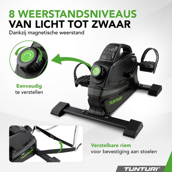 Zwarte hometrainer met voetpedalen en acht instelbare weerstandsniveaus, van licht tot zwaar, dankzij magnetische remming.