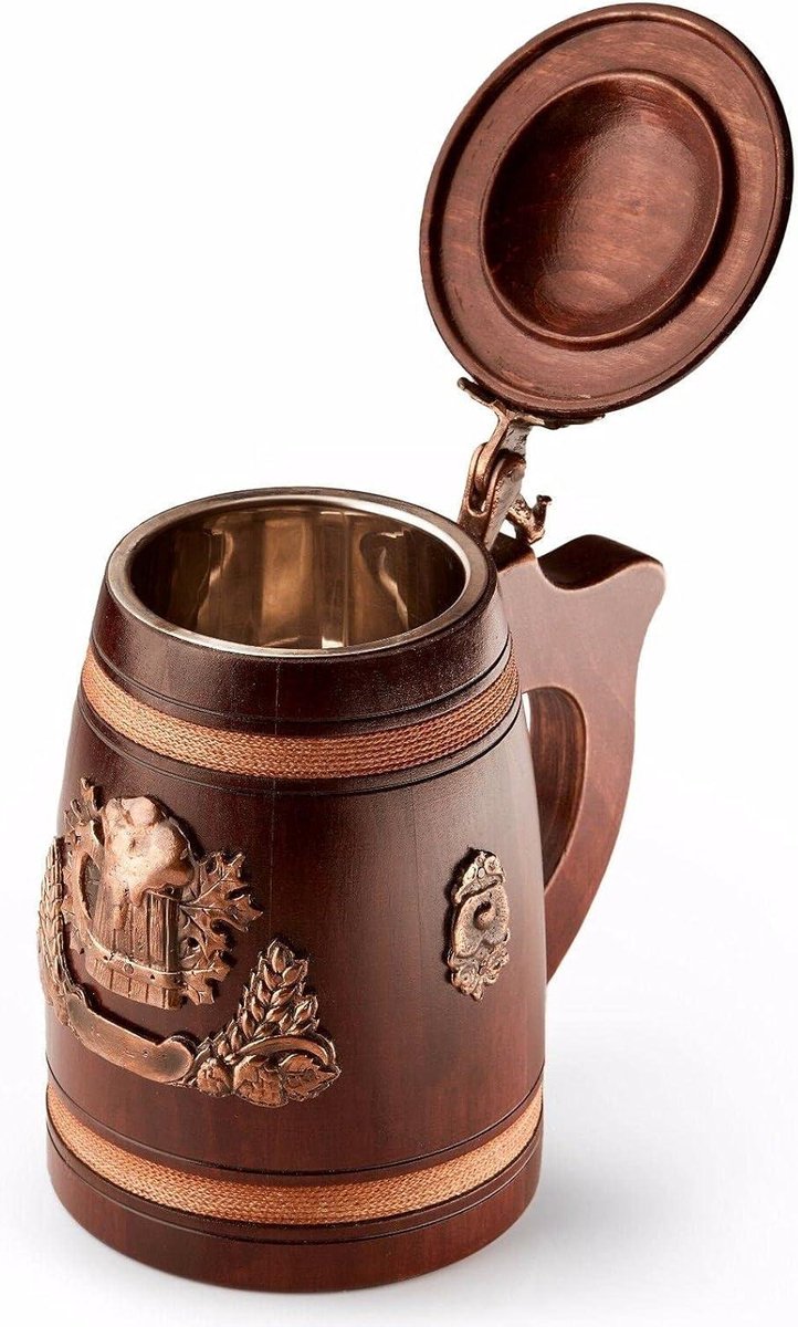 Biertankard van eikenhout met deksel - houten pint bierstein - Biermok voor bierliefhebbers - Kwaliteitsproduct
