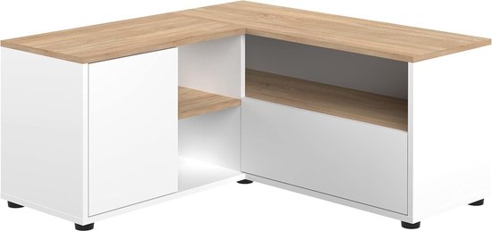 Unikito Hoek-tv-standaard van 55 inch met stopcontact, hoekentertainmentcentrum tv-consoletafel met 4 open opbergplanken, metalen frame voor woonkamer, slaapkamer, industriële 60 inch