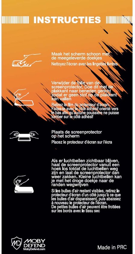 Instructies voor het aanbrengen van een screenprotector met illustraties van schoonmaken, verwijderen van folie en plaatsen.