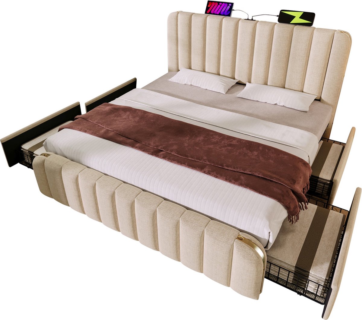 Merax Gestoffeerd Bed 160x200 cm met Verstelbaar Hoofdbord en USB Type-C Oplaadfunctie - Beige Linnen met 4 Opberglades