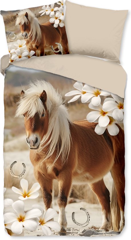 Dekbedovertrek met een bruine pony met blonde manen, omringd door witte bloemen en hoefijzers op een zandkleurige achtergrond.