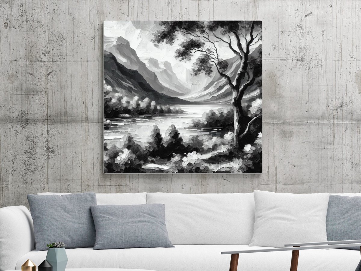 Olieverf zwart wit schilderij | Monochroom meesterwerk: een harmonieus spel van olie en ve