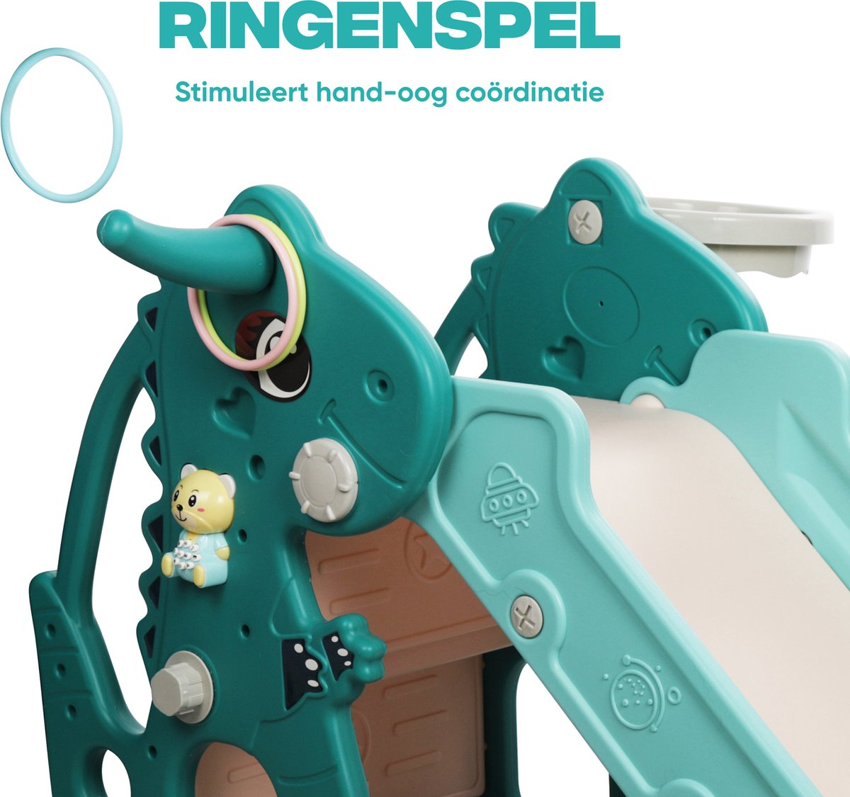 Rockerz Premium Glijbaan - Voor binnen en buiten - Speelplezier gegarandeerd - Opvouwbaar - Veilige dichte trap - Ringen spel - Basketbal ring (inclusief bal) - Muziek beertje - Kleur: Groen — afbeelding 19