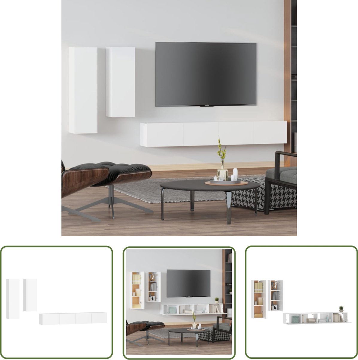 vidaXL Wandmontage Tv Kast - Televisiesecretaris - 4-delige Tv-meubelset bewerkt hout wit - Houten Tv Meubilair - Wit Tv Meubel - Tv Salontafel