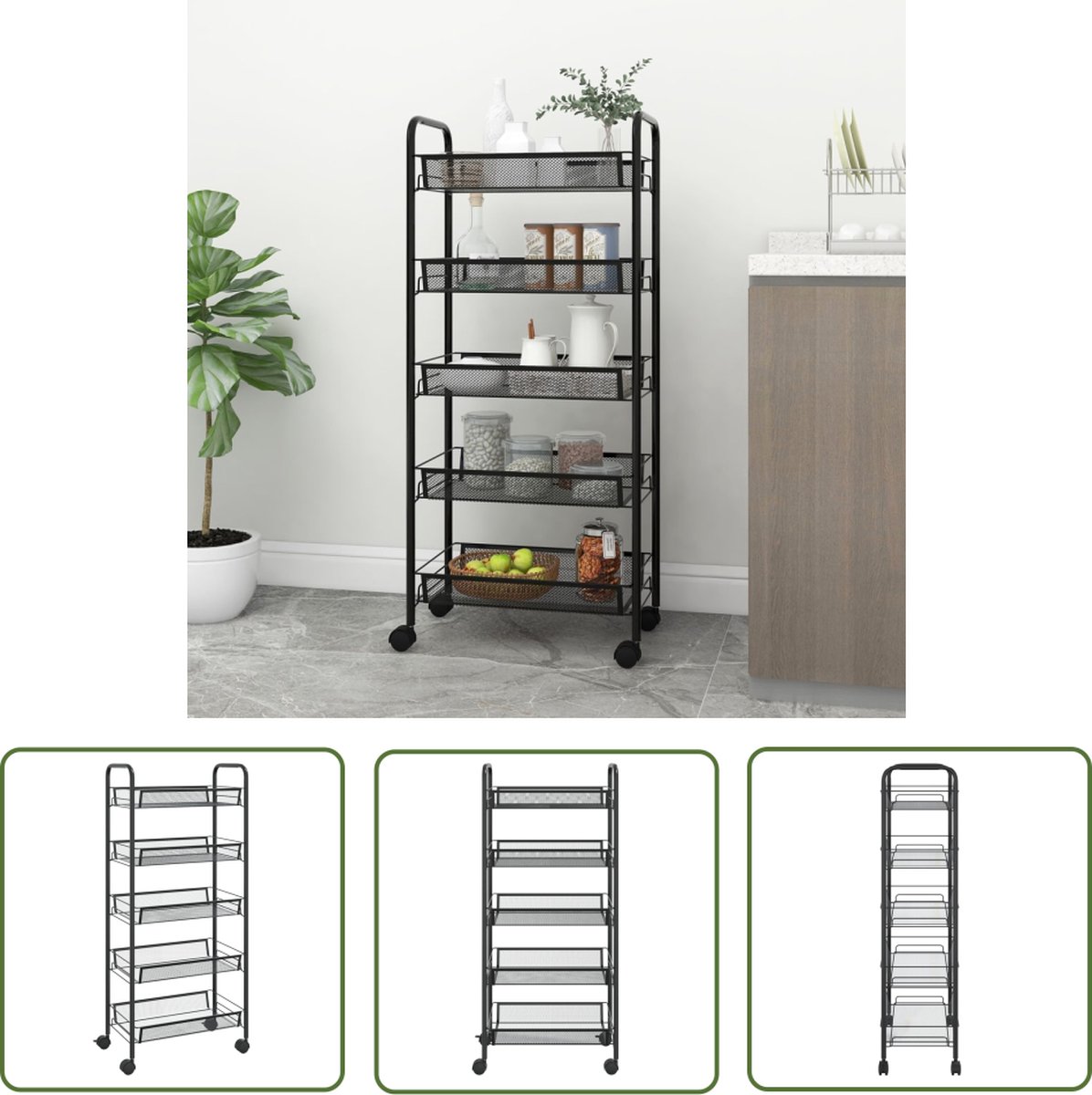 The Living Store Trolley Keuken - 46 x 26 x 105 cm - ijzer - zwart