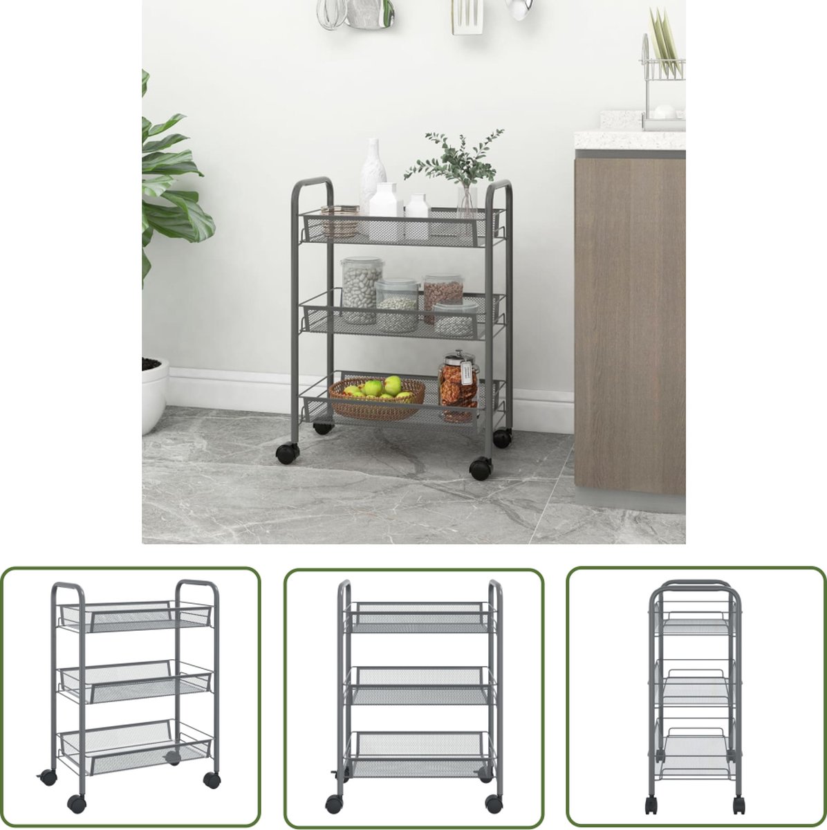 The Living Store Huishoudelijke Trolley - Grijs - 46 x 26 x 64 cm - IJzeren constructie